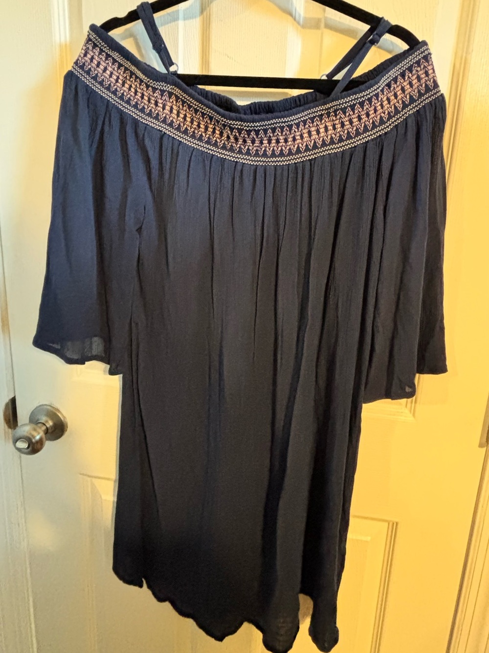 😍NWT LASCANA Boho Navy Off-Shoulder Dress with Embroidered Top Size 8